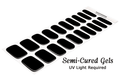 Sheet of 20 black semi-cured gels with UV light requirement text on a white background