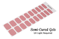 Sheet of pink semi-cured gels with UV light requirement text on a white background