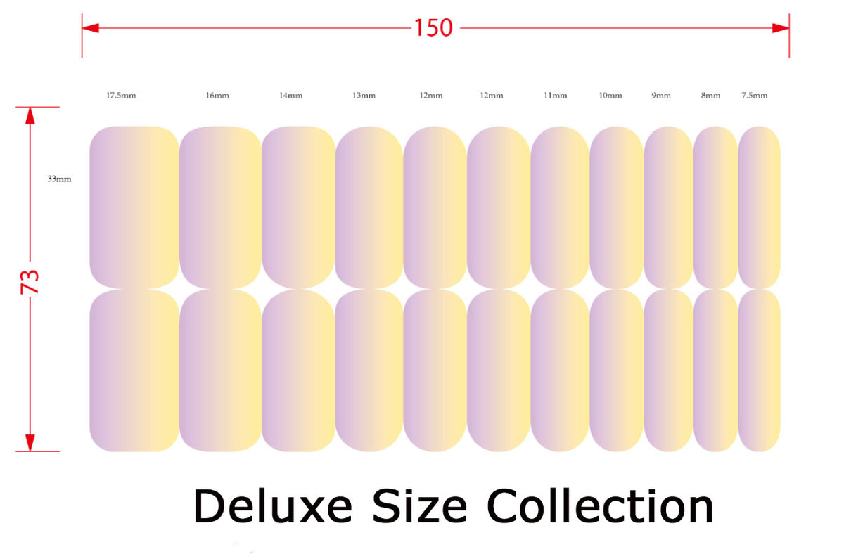 Image of 22 stick-on nail polish strips arranged in two rows of 11. Each strip is 33mm long, with varying widths: 17.5mm, 16mm, 14mm, 13mm, 12mm (x2), 11mm, 10mm, 9mm, 8mm, and 7.5mm, indicated above each strip. The entire collection measures 150mm wide and 73mm tall, as shown by red lines and arrows. Below, it reads 'Deluxe Size Collection' in bold letters.