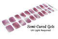 Sheet of semi-cured gels with gradient sheer pink and purple on a white background, indicating UV light requirement.