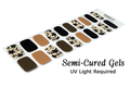 Set of 20 semi-cured gels with a chic mix of earthy autumn shades and bold black florals.