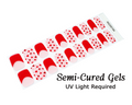 Nail art semi-cured gels with red and white design on a white background