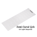 A set of 20 clear semi-cured gel nail wraps showing UV LED light is require to cure them.