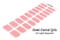 Sheet of pink semi-cured gels with text indicating UV light requirement on a white background