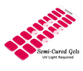 Sheet of pink semi-cured gels with text indicating UV light requirement on a white background