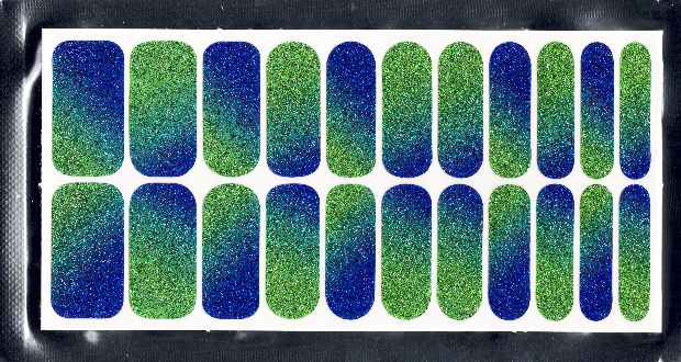 Package of 22 blue and green glittery nail wraps in various sizes.