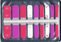 Set of 18 pink, purple, and white nail stickers in a clear plastic package.