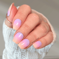 Pink and purple ombre nail wraps with peach gradient, glossy nail polish strips on short square nails, easy at home manicure