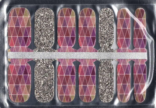 Package of 14 wide nail wraps with pink geometric design and glitter gold accents.