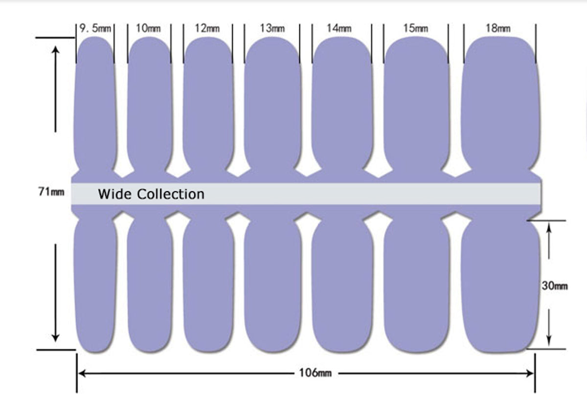 A rectangular sheet of nail wraps is pictured from above, showcasing fourteen light purple, rounded capsule-shaped strips. The wraps are arranged in a repeating pattern and vary in width, with sizes labeled in millimeters: 9.5mm, 10mm, 12mm, 13mm, 14mm, 15mm, and 18mm. The sheet itself measures 106mm in width and 71mm in height. A 30mm tab extending from the bottom of the sheet indicates that each nail strip is 30mm long. The background is a clean white.
