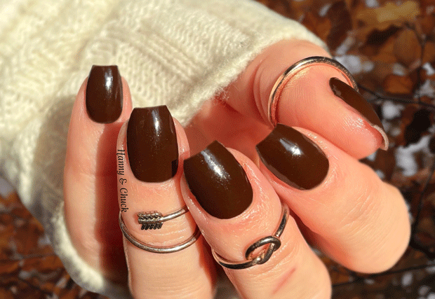 Hand with dark brown nail polish wraps against a blurred outdoor natural background