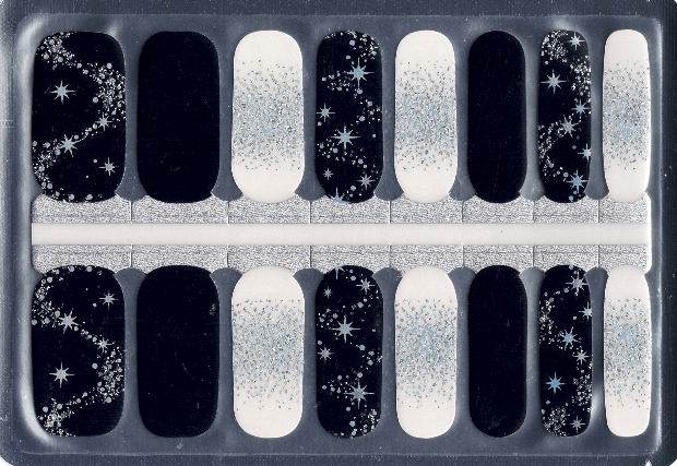 Set of 16 black and silver nail art wraps in a clear plastic package.