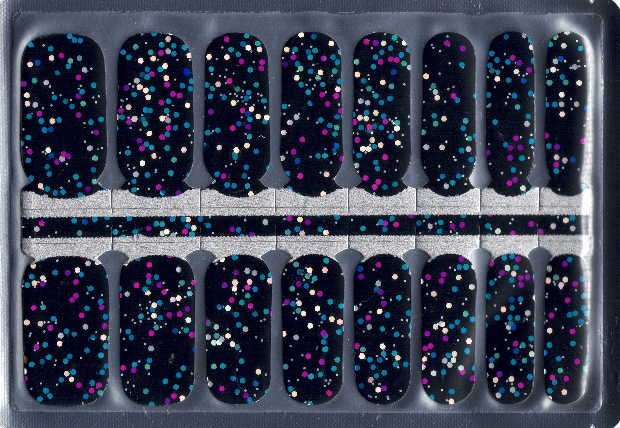 Set of 16 nail wraps with black base and colorful purple, blue and silver chunky glitter dots in a clear plastic package.