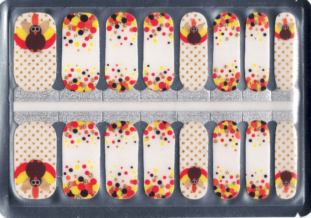 A set of 16 nail wraps with a Thanksgiving-themed design, featuring cute turkeys in various autumn colours.