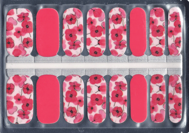 Set of pink nail wraps with floral poppy design in a clear packaging
