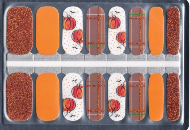 Package of 16 intricately designed pumpkin and plaid nail wraps