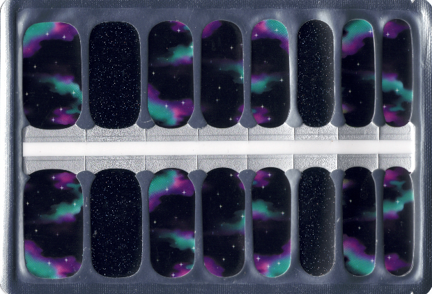 Set of 16 nail art stickers with a galaxy-inspired design featuring swirls of blue, purple, and black with shimmering stars, paired with a sparkling black glitter accent nail.