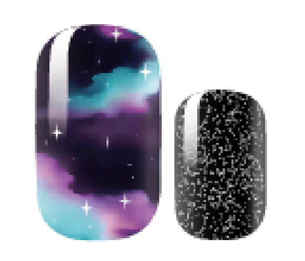A galaxy-inspired nail wrap set featuring swirls of blue, purple, and black with shimmering stars, paired with a sparkling black glitter accent nail.
