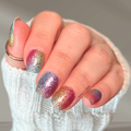 Borrowed Sunshine rainbow glitter nail wraps on short square nails featuring pink, blue, gold, green, and purple sparkle by Hanny & Chuck Canada