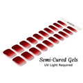 Cherry Bombshell semi-cured gel nail wrap sheet with cherry-red ombré, sheer pink bases and silver glitter, shown in assorted sizes. UV light required.