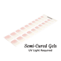 Soft pink and white chevron semi-cured gel nail wraps with UV light required text.