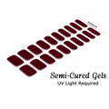 Sheet of 20 semi-cured gel nail stickers in a deep burgundy shade with a label indicating UV light requirement on a white background