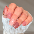 Nude Beach neutral gradient nail wraps on hand - three-tone beige, taupe, and rose nail stickers by Hanny & Chuck