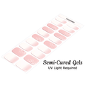 Sheet of pink semi-cured gels with text indicating UV light requirement on a white background