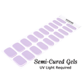 Sheet of semi-cured gels with text indicating UV light requirement on a white background