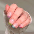 Rainbow glitter French tip nail wraps on natural nails, colourful overlay manicure 