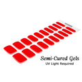 Sheet of red semi-cured gels with UV light requirement text on a white background