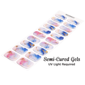Shattered Sky semi-cured gel nail wraps in multiple sizes, showing blue and pink watercolour shatters with gold leaf accents