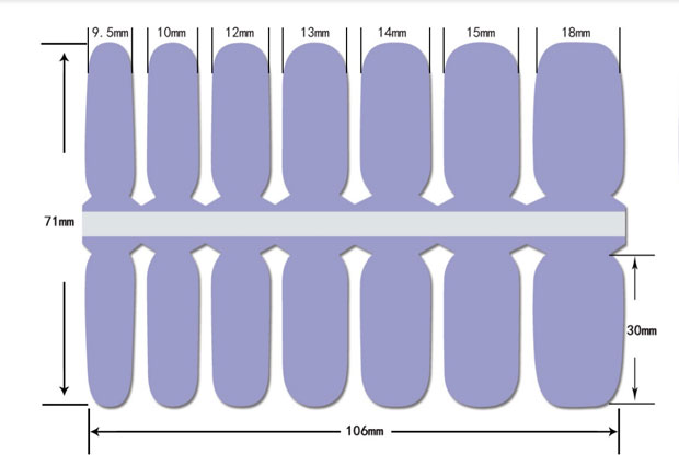 A rectangular sheet of nail wraps is pictured from above, showcasing fourteen light purple, rounded capsule-shaped strips. The wraps are arranged in a repeating pattern and vary in width, with sizes labeled in millimeters: 9.5mm, 10mm, 12mm, 13mm, 14mm, 15mm, and 18mm. The sheet itself measures 106mm in width and 71mm in height. A 30mm tab extending from the bottom of the sheet indicates that each nail strip is 30mm long. The background is a clean white.